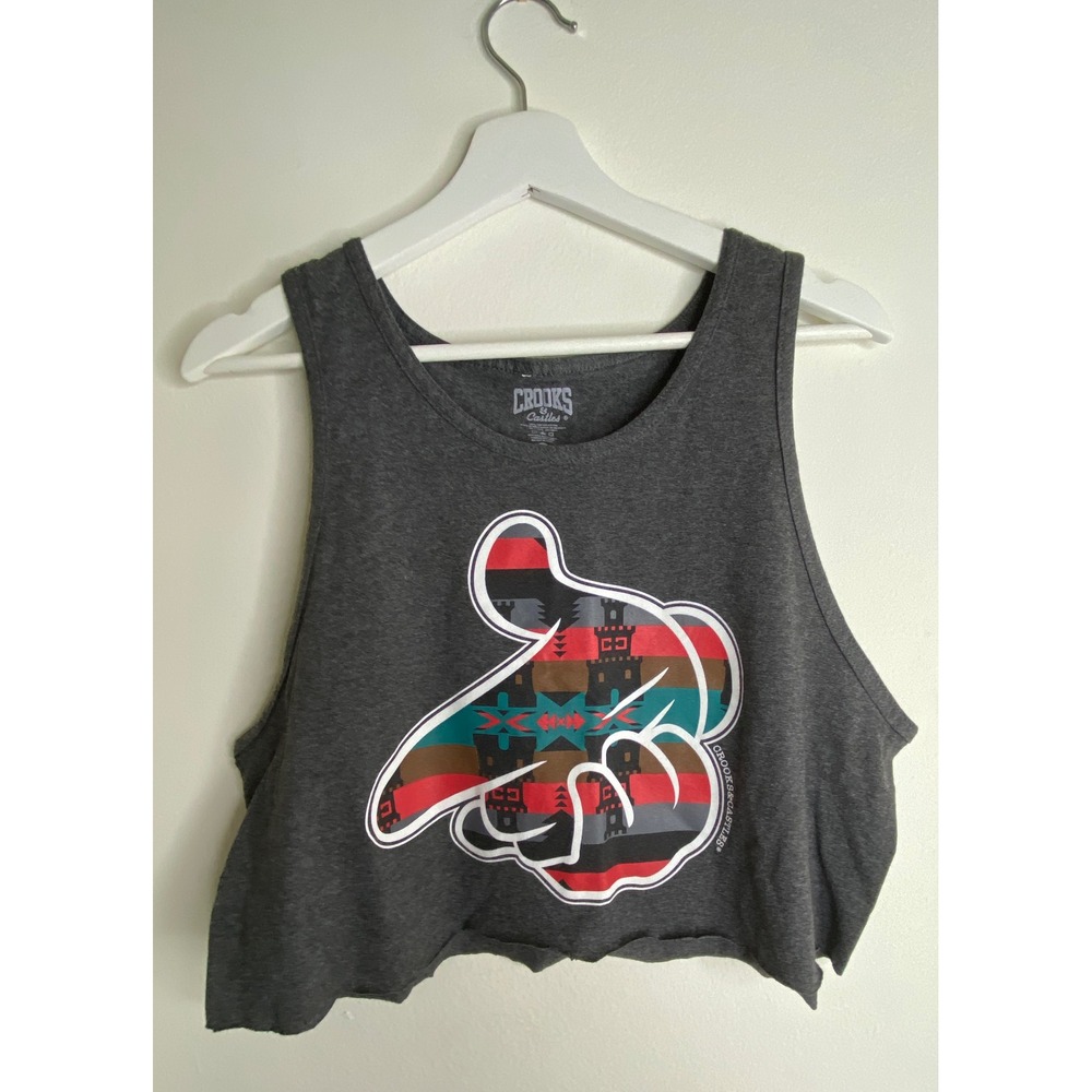 Crooks &‎ Castles Gray Graphic Cropped Tank Top Size L Streetwear Raw Hem